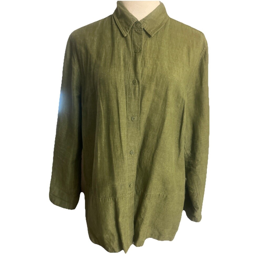 Crossroads Women  M  Linen Cotton Olive Green Button Down  Long Sleeves Shirt